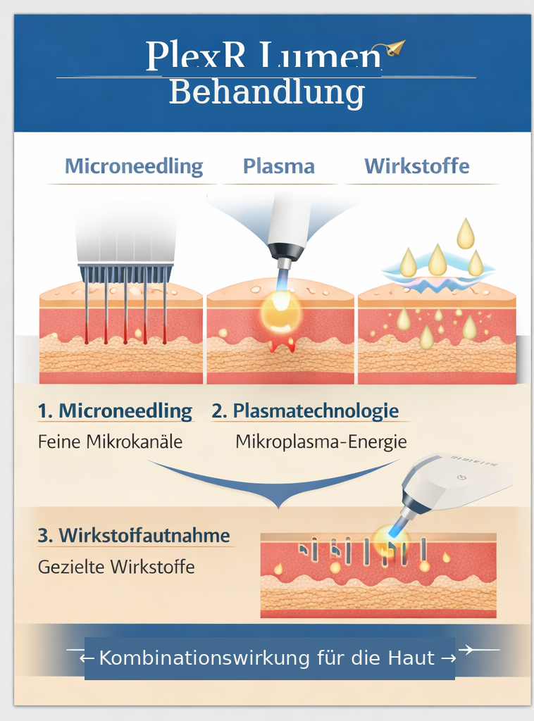 Schaubild zum Wirkprinzip von PlexR Lumen mit Microneedling, Plasmatechnologie und Wirkstoffaufnahme